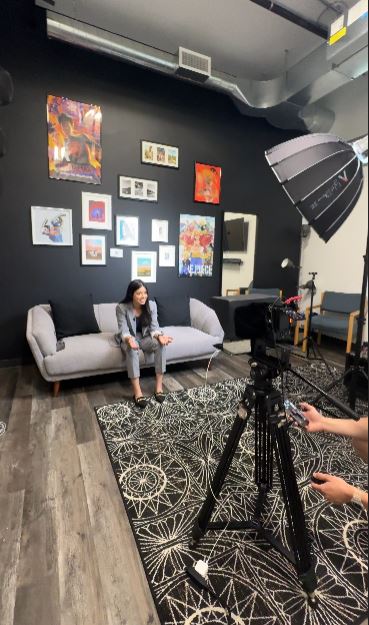 Studio interview setup with softbox lighting